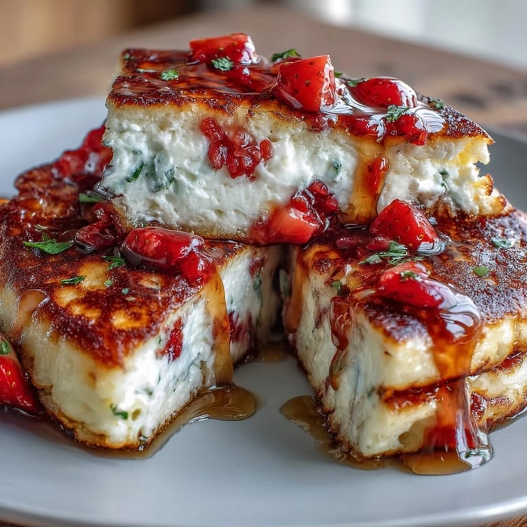 Golden-brown protein pancakes made with cottage cheese and strawberries, served warm for a nutritious start.