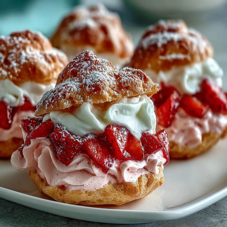 Golden-baked Valentine cream puffs bursting with fresh strawberry filling, perfect for festive celebrations or sweet gifts.