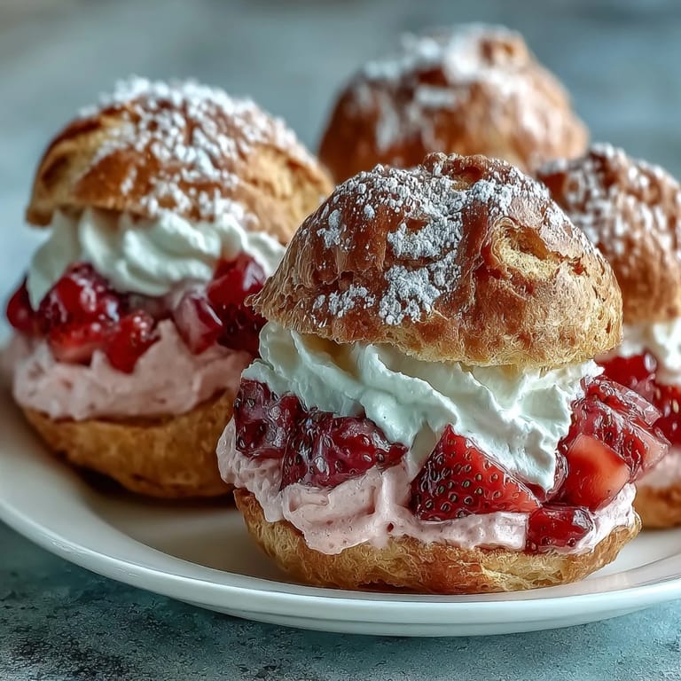Delicate strawberry cream puffs with airy pastry shells, topped with powdered sugar and sliced strawberries for elegance.