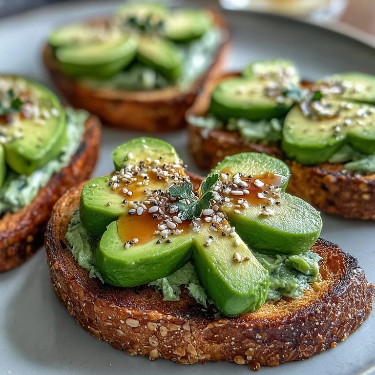 A vibrant St. Patrick's Day breakfast featuring avocado shamrocks and crunchy everything seasoning on golden toasted sourdough bread.