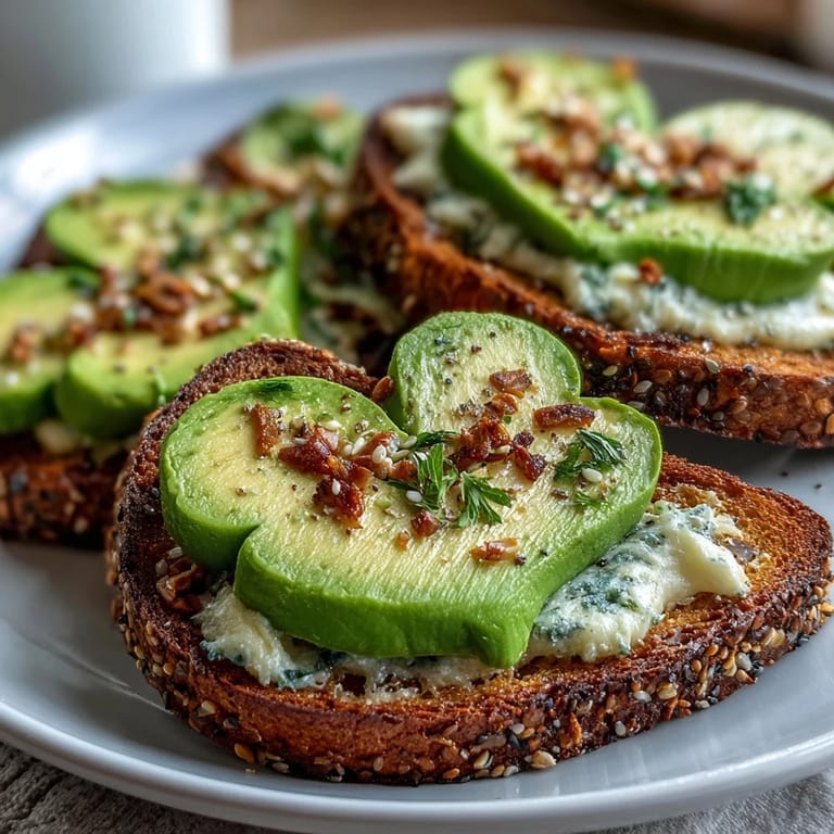 Creamy avocado slices cut into shamrock shapes, sprinkled with savory everything seasoning, served on crisp toasted bread for a festive brunch.