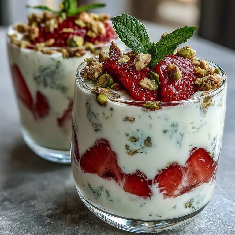 A colorful parfait featuring tangy strawberries, rich Greek yogurt, and chopped pistachios, perfect for a healthy breakfast or brunch.