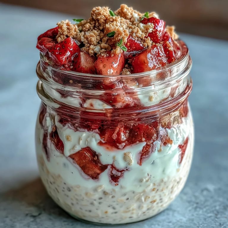Mason jar strawberry cheesecake overnight oats, a make-ahead breakfast with creamy oats, sweet strawberries, and rich cheesecake flavor.