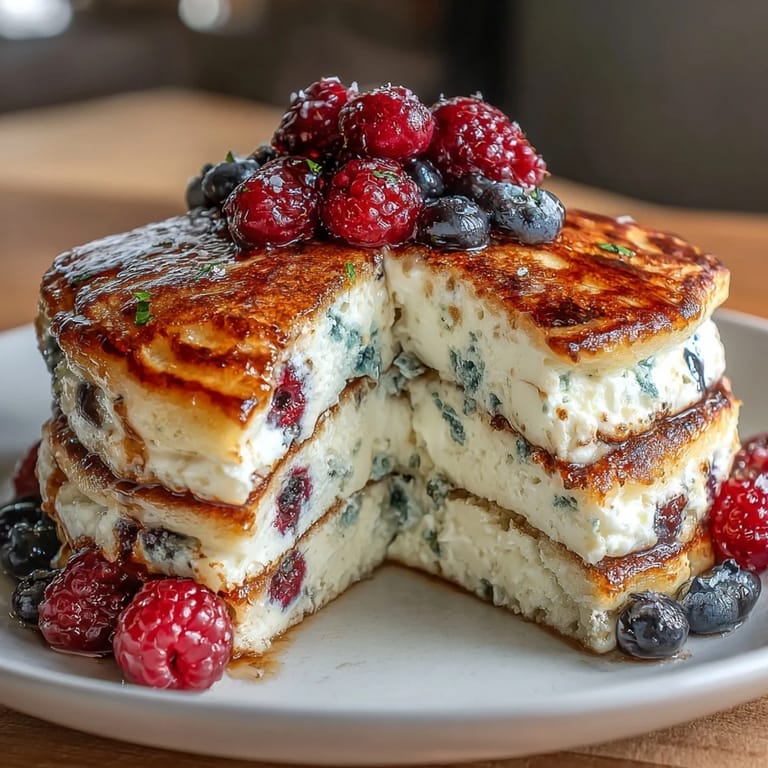 3. High-protein pancakes featuring cottage cheese and juicy berries, served warm with a side of extra fruit.