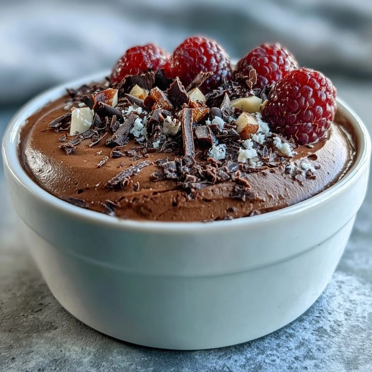 Velvety chocolate mousse cups made with cottage cheese and Greek yogurt, layered in glasses and garnished with chocolate shavings.