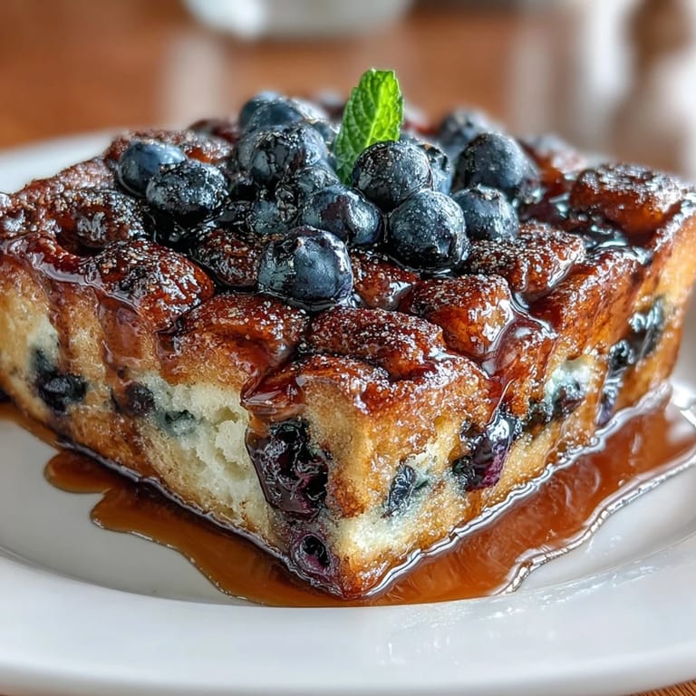 A make-ahead breakfast casserole featuring tangy sourdough and sweet blueberries baked to perfection.  