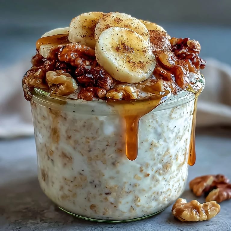 Wholesome overnight oats infused with banana and cinnamon, layered with Greek yogurt and topped with toasted walnuts and maple drizzle.  
