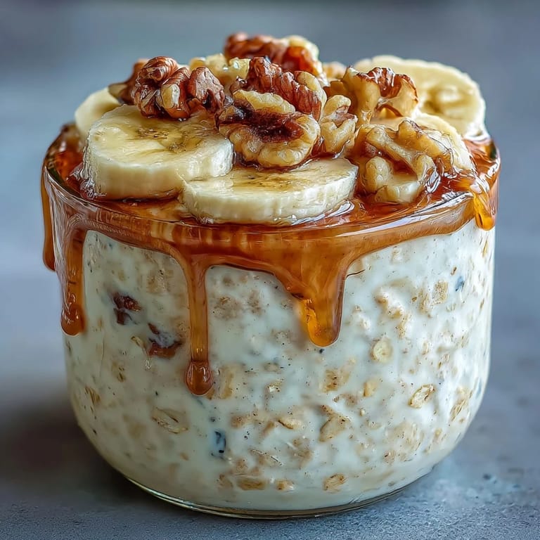 Make-ahead banana bread overnight oats with hearty oats, ripe bananas, and a sprinkle of walnuts for a satisfying morning meal.