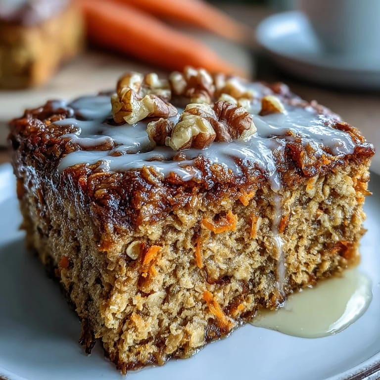 Moist and flavorful carrot cake baked oatmeal squares topped with a hint of coconut and raisins, great for healthy snacking.