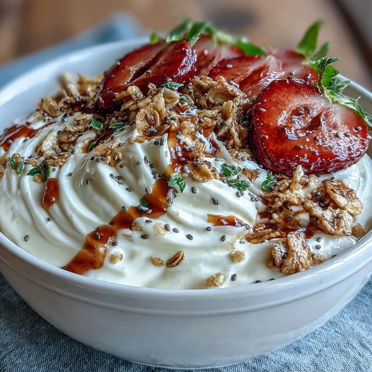 Creamy whipped Greek yogurt base layered with juicy strawberries and crunchy granola, garnished with chia seeds and mint for a vibrant, healthy breakfast bowl.