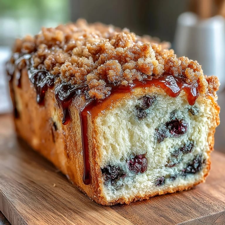 Moist, tender sourdough bread filled with juicy blueberries and fresh lemon zest, finished with a crisp, golden-brown crumble topping.