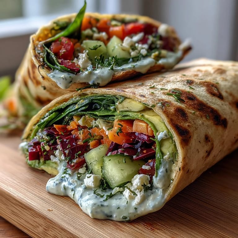 Crunchy vegetable wraps drizzled with creamy lemon aioli sauce, perfect for a healthy and refreshing meal on the go.  