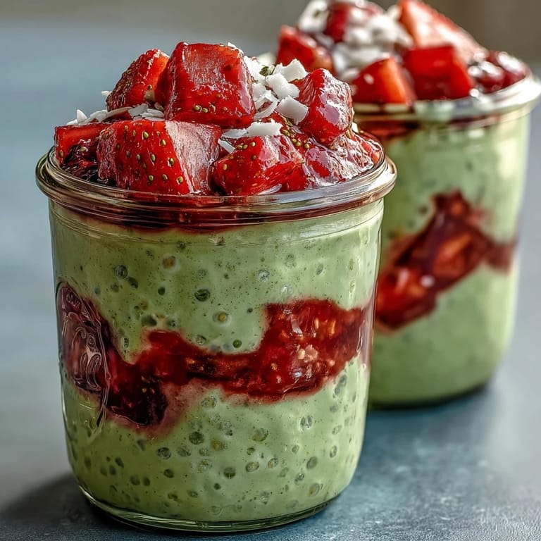 Chilled matcha-infused chia oats with sweet strawberry chunks, perfect for a nutritious and visually appealing morning meal.