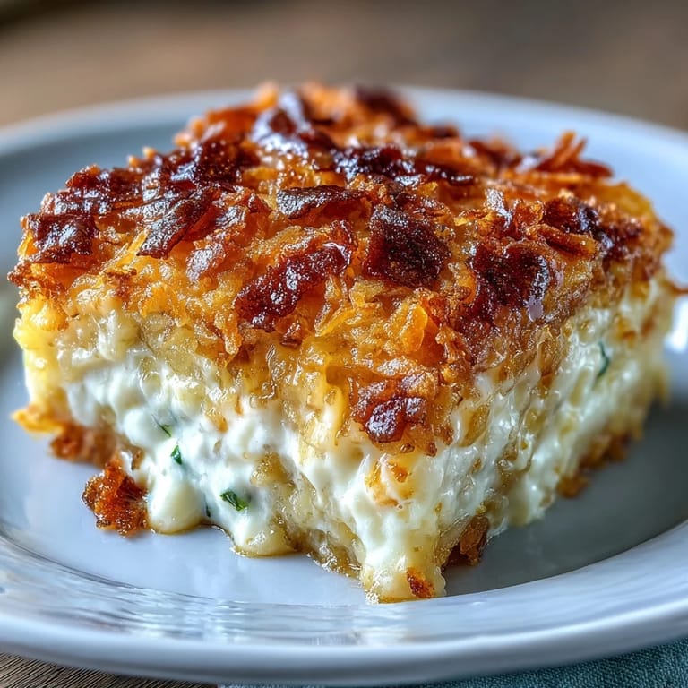 Creamy Funeral Potatoes Casserole with Hashbrown Topping, featuring tender potatoes, rich cheddar sauce, and a crunchy golden hashbrown crust.