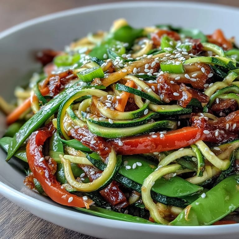 Light and colorful zucchini noodle stir fry packed with crisp veggies and aromatic flavors.