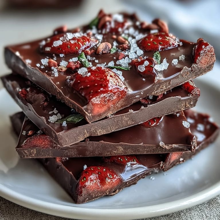 Elegant chocolate bark featuring dark chocolate, pistachios, and rose petals, inspired by Dubai's opulent flavors and perfect for special occasions.