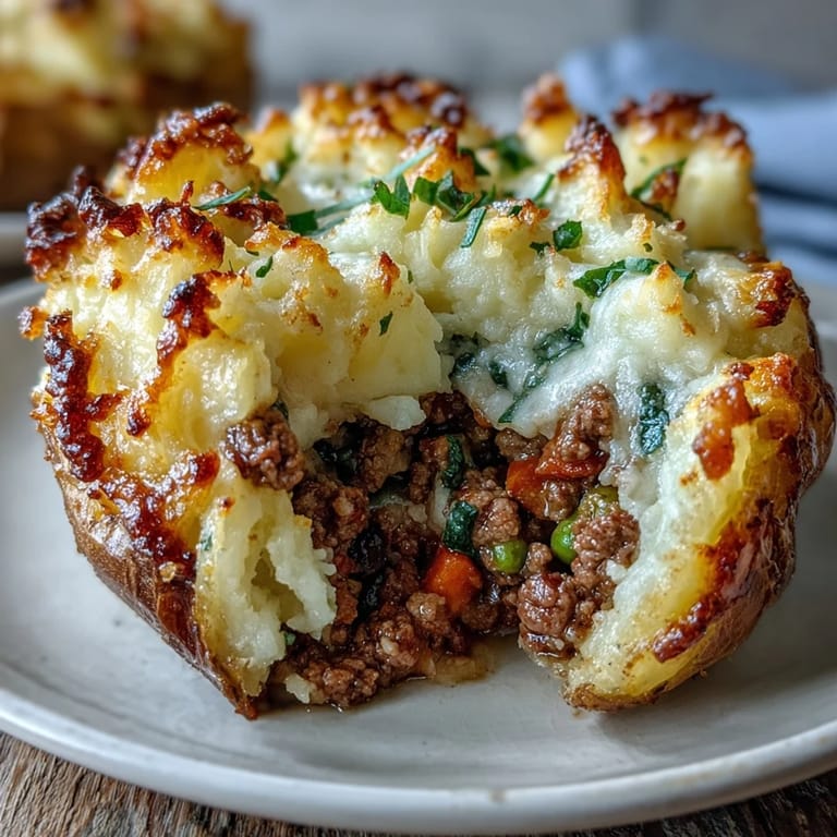 Golden baked potatoes loaded with hearty shepherds pie filling, topped with rich mashed potato and broiled until crisp.  