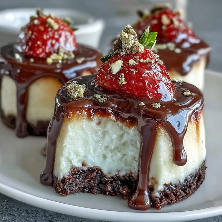 Elegant mini cheesecake cups featuring chocolate biscuit base, smooth cream cheese filling, and juicy strawberries.