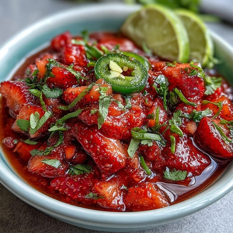 Close-up of fresh strawberry salsa with lime zest and jalapeño, offering a sweet, tangy, and mildly spicy flavor.