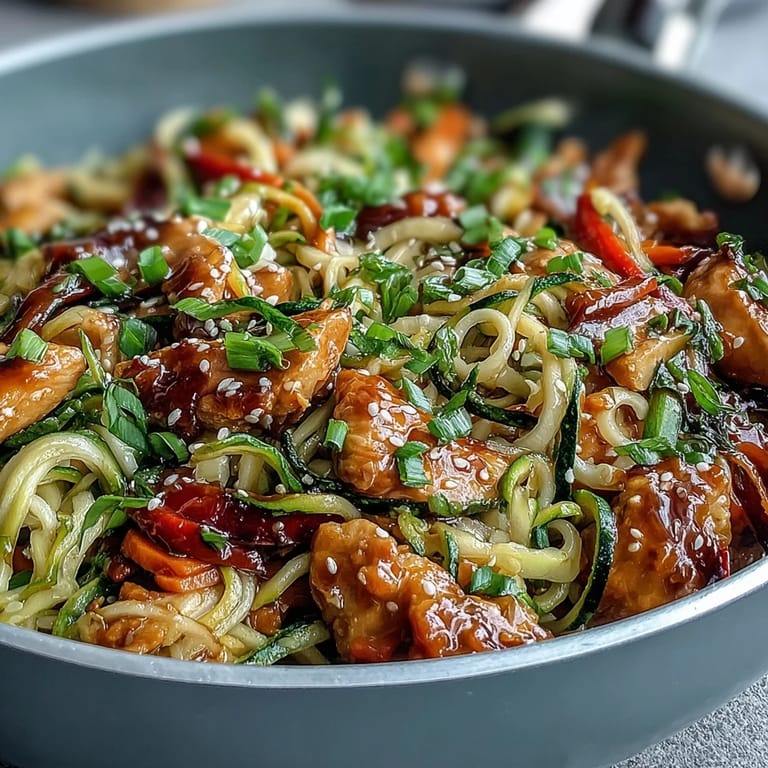 Quick and healthy zucchini noodle stir fry featuring juicy chicken, fresh spiralized zucchini, and crunchy bell peppers in a light, flavorful sauce, perfect for a low-carb dinner.