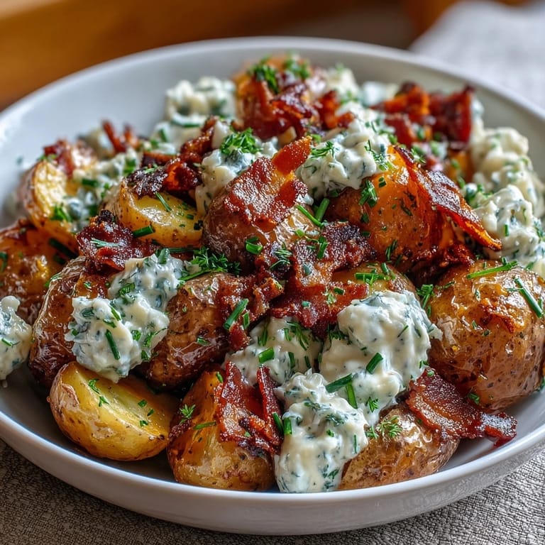 Smoky BBQ baby shower loaded baked potato salad with fresh herbs, scallions, and crunchy bacon bits.  