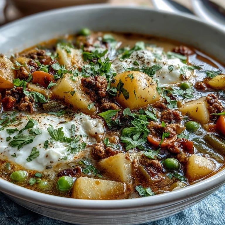 Cozy bowl of Shepherds Pie Soup featuring tender potatoes, mixed vegetables, and seasoned ground beef in a creamy broth.