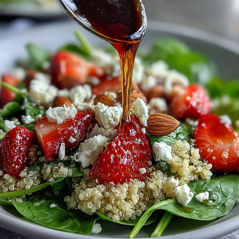 Colorful quinoa salad featuring juicy strawberries, crumbled feta, and baby spinach with a honey-balsamic vinaigrette.