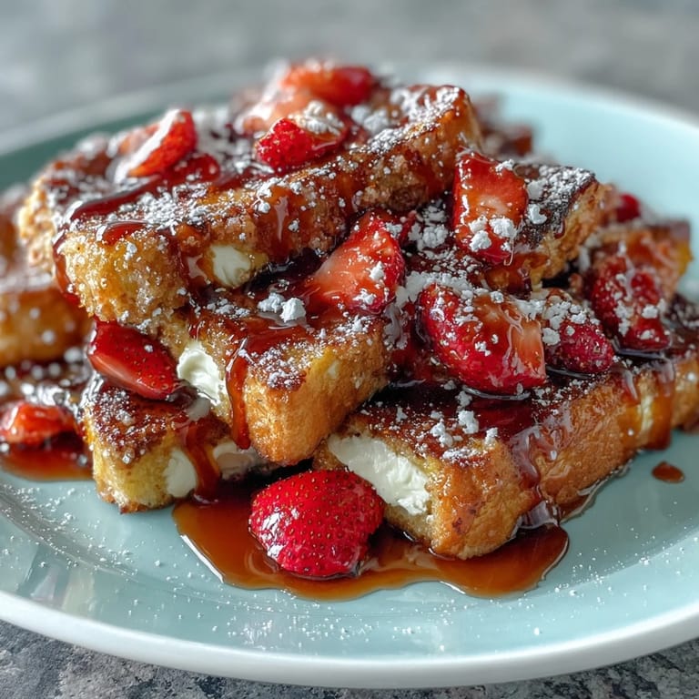 Warm Spring Brunch Strawberry French Toast Bake served with fresh strawberries and syrup.
