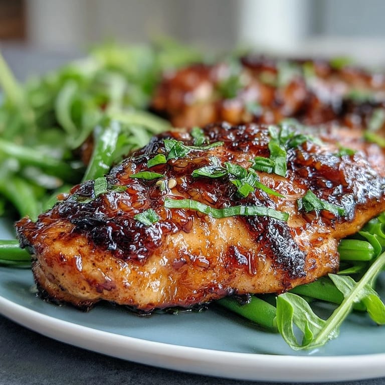 Platter of sliced honey mustard chicken with green beans, garnished with lemon zest.