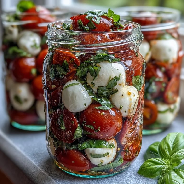 Portable Mason Jar Caprese Salad packed with colorful cherry tomatoes, fresh mozzarella, and basil leaves, lightly dressed for a refreshing meal.