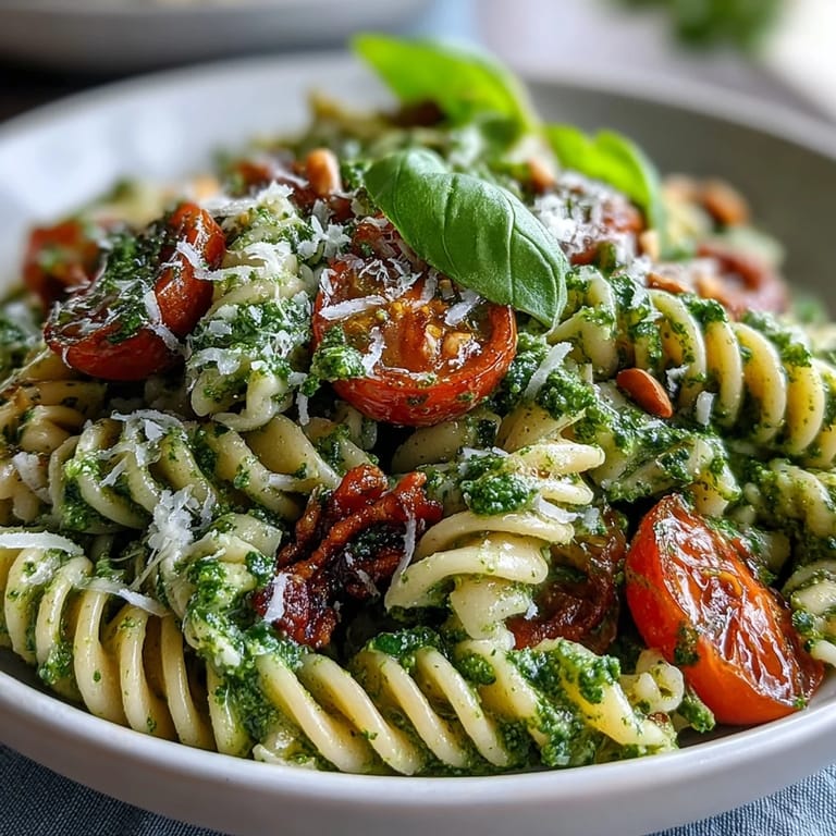 Refreshing Summer Pasta Salad with Pesto and Cherry Tomatoes, tossed with arugula and lemon zest for a zesty, picnic-perfect meal.  