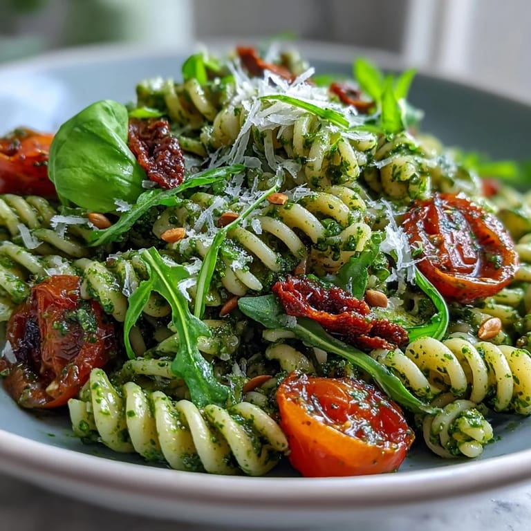 Easy Summer Pasta Salad with Pesto and Cherry Tomatoes, topped with parmesan shavings for a bright, flavorful, and satisfying dish.