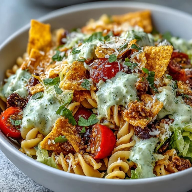 Hearty Taco Pasta Salad topped with Nacho Cheese Doritos, shredded cheddar, and a zesty lime-avocado ranch dressing.