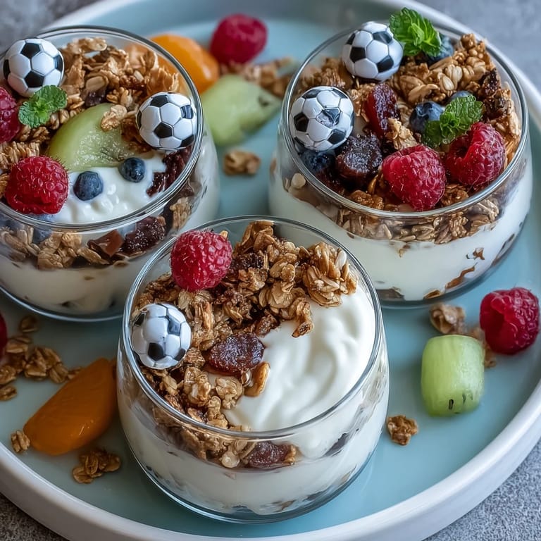 3. Vibrant snack cups filled with seasonal fruit, Greek yogurt, and gluten-free granola, decorated with fun soccer-themed stickers for team celebrations.