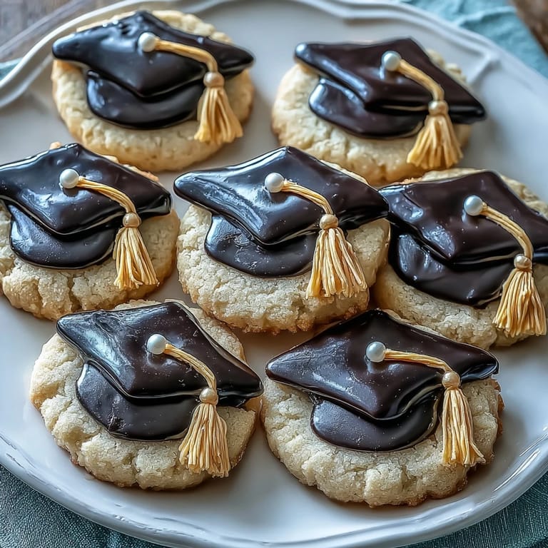 Easy graduation cap cookies decorated with smooth royal icing, featuring black caps and candy tassel details.  