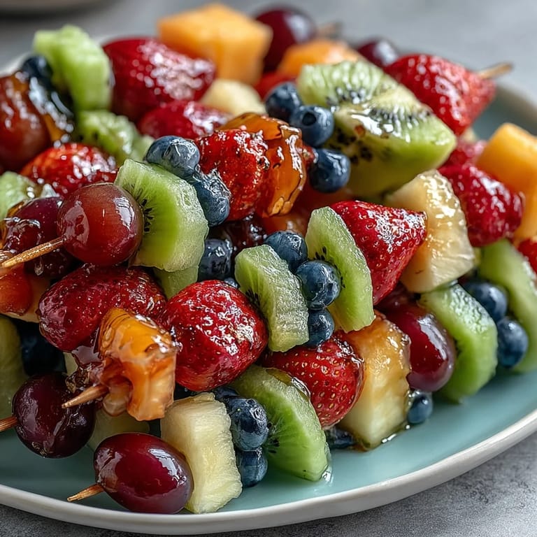Colorful rainbow fruit skewers arranged on a platter, showcasing juicy strawberries, melon, pineapple, and grapes alongside a bowl of sweet honey-yogurt dip.