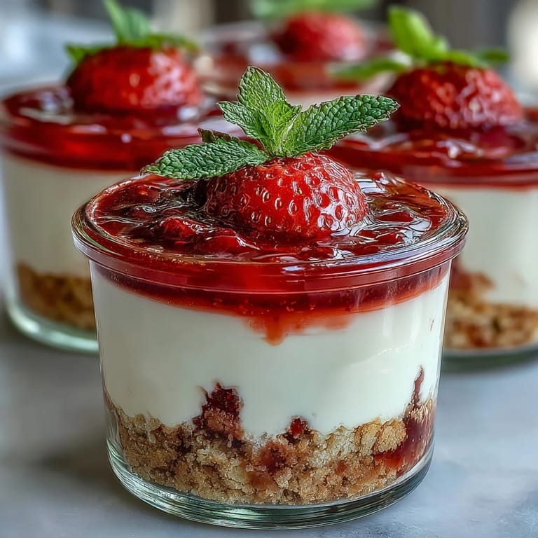 Strawberry cheesecake jars featuring a buttery graham cracker base and luscious cream cheese filling
