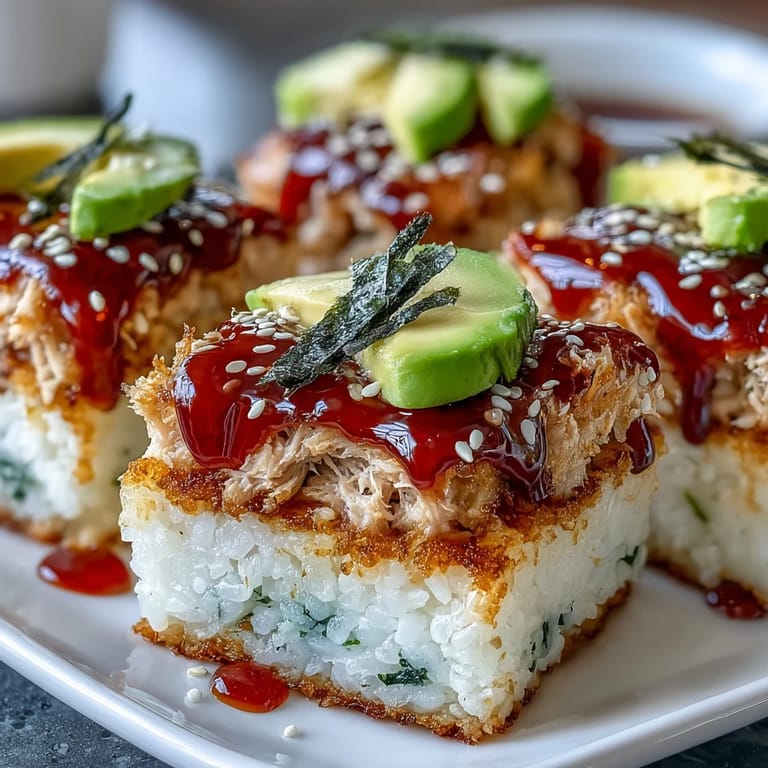 Pan-fried spicy tuna crispy rice squares, a tempting appetizer for sharing.