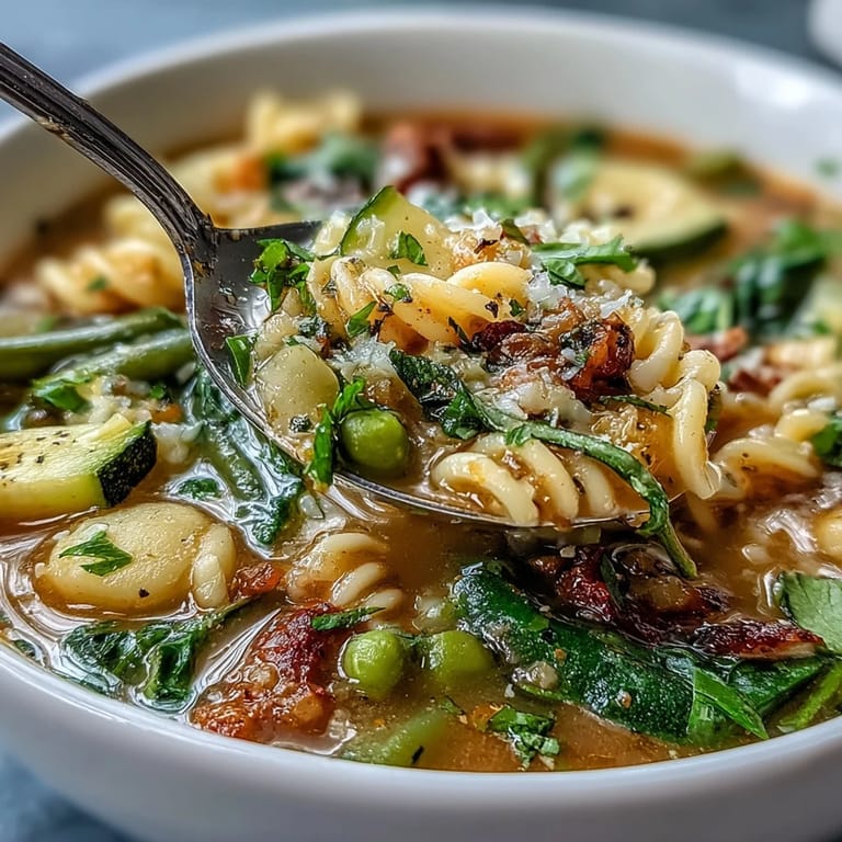 Enjoy a comforting bowl of Spring Minestrone, richly flavored with herbs and seasonal produce.