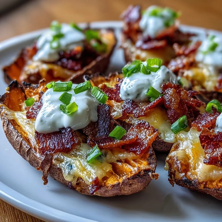 Crispy loaded sweet potato skins brimming with cheese and green onions, ready to enjoy.
