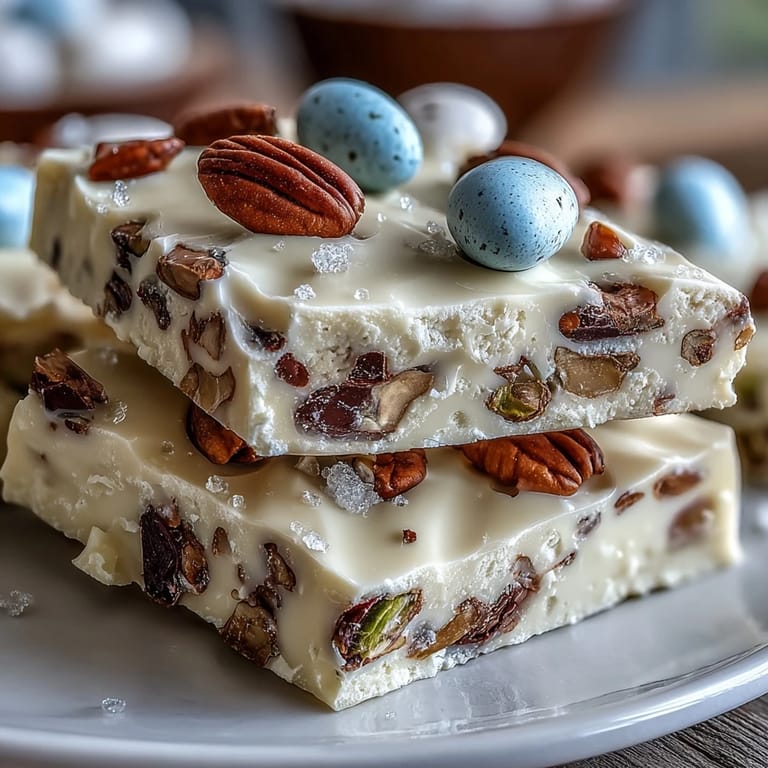 Bright white chocolate Easter bark, a springtime dessert with crunchy toppings.
