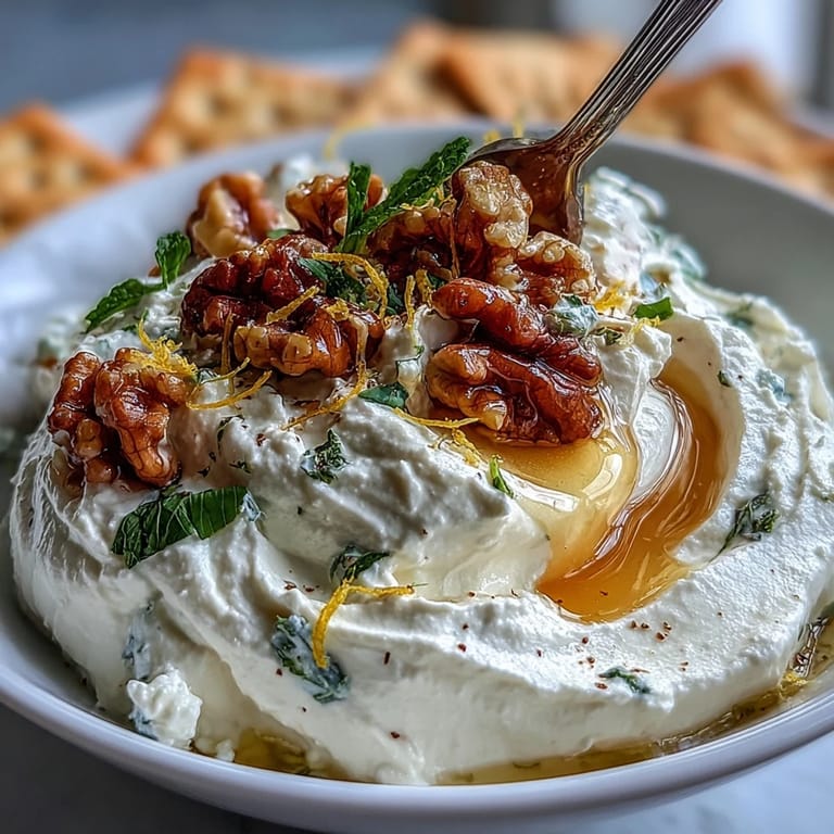 Tangy whipped feta dip garnished with herbs and nuts, ready to be enjoyed.