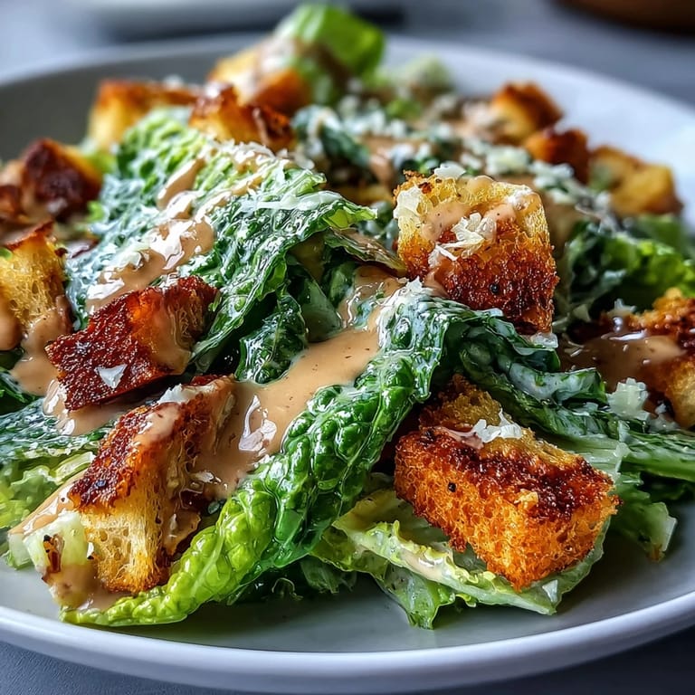Vibrant tahini Caesar salad, a hearty lunch with zesty dressing and golden croutons.