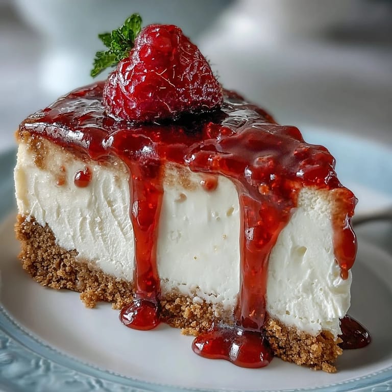 Ultimate easy Mother's Day no-bake cheesecake, swirled with bright, sweet raspberry coulis.