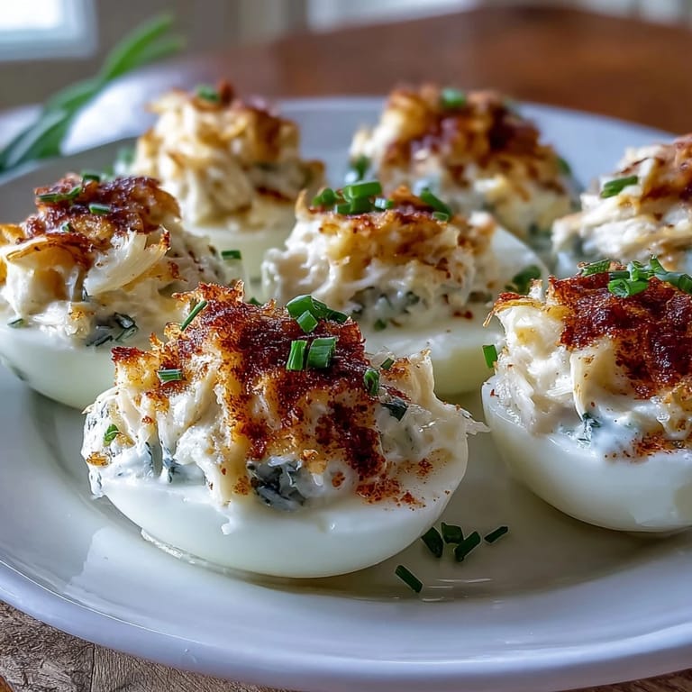 Creamy Crab Cake Deviled Eggs with Old Bay seasoning, a zesty appetizer creation.