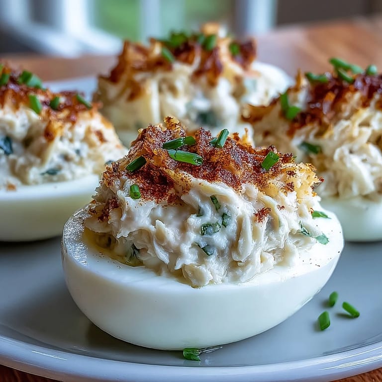 A delightful bite: Crab Cake Deviled Eggs with Old Bay, ready to be served.