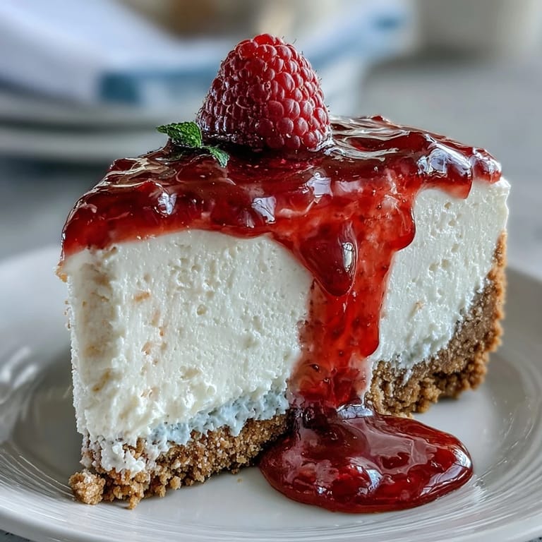Creamy no-bake cheesecake, perfect for Mother's Day, drizzled with vibrant raspberry sauce.