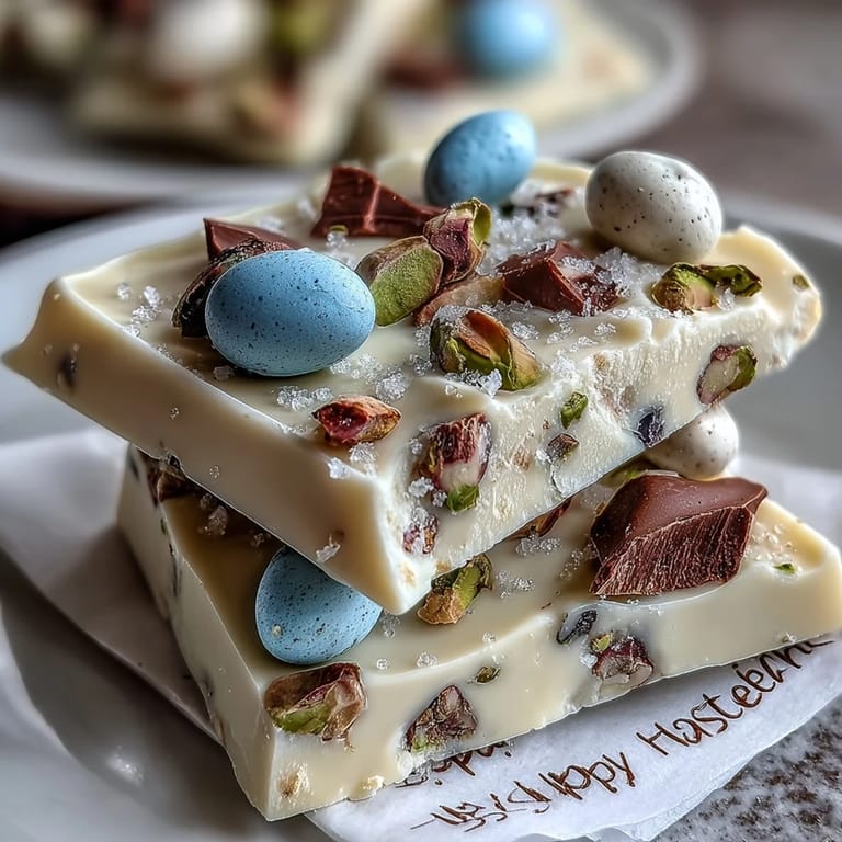Sweet white chocolate Easter bark, a tempting treat with pastel candy decorations.