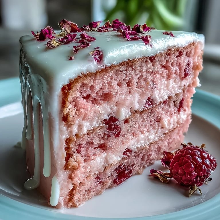 Moist pink velvet cake, kissed with rosé, shimmering gold drip accent.
