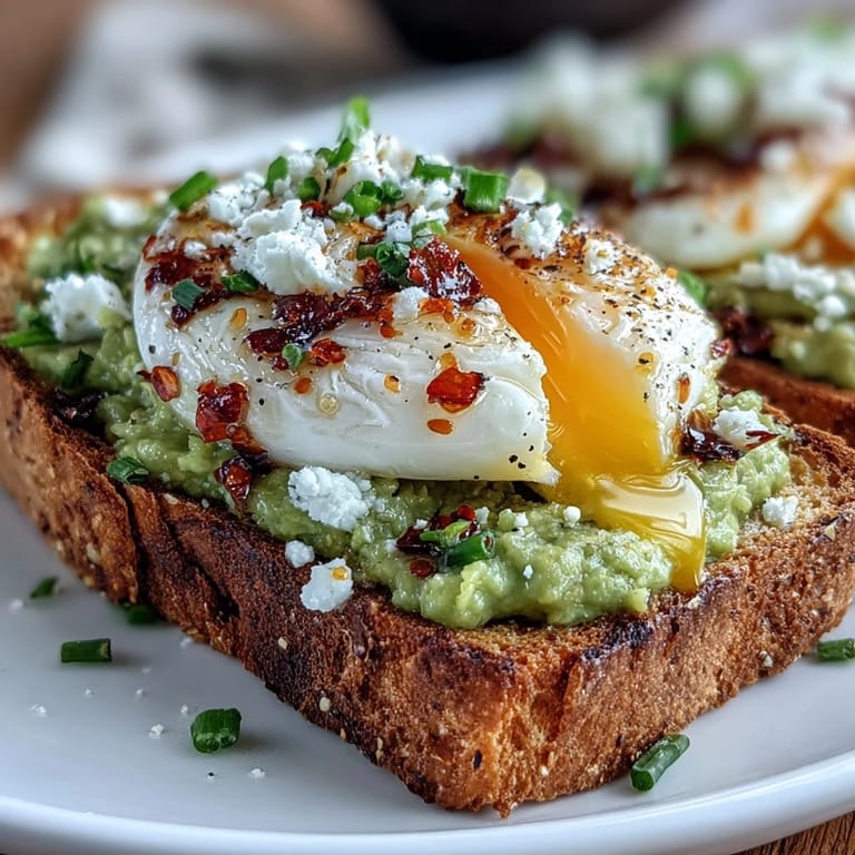 Vibrant chili crisp avocado toast, featuring a runny yolk and savory toppings.